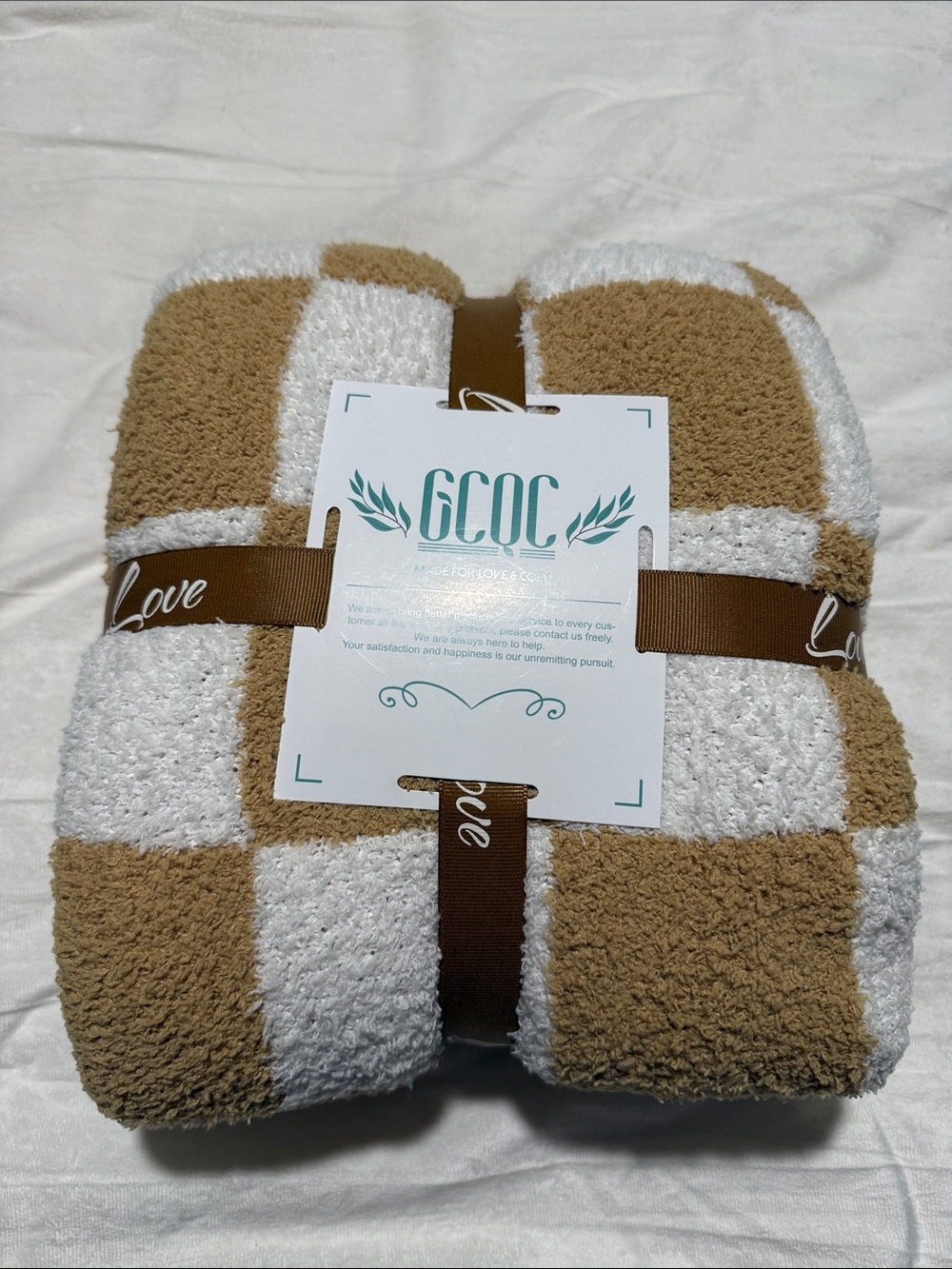 Plush Checkered Throw Blanket in Beige and White